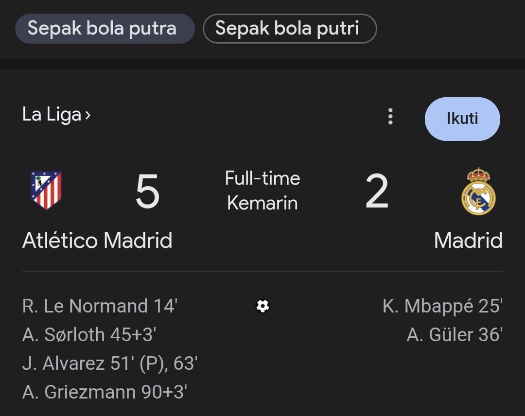 Hasil La Liga : Atletico Madrid vs Real Madrid